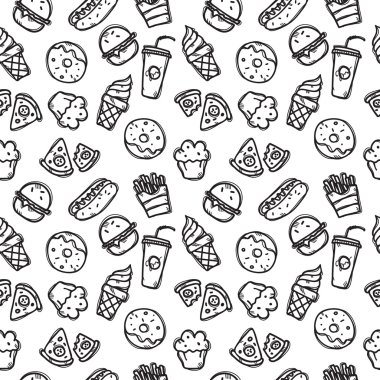 Fast food nesneleri ile vektör dikişsiz desen. Doodle tarzında abur cubur ve tatlılar dikişsiz arka plan.