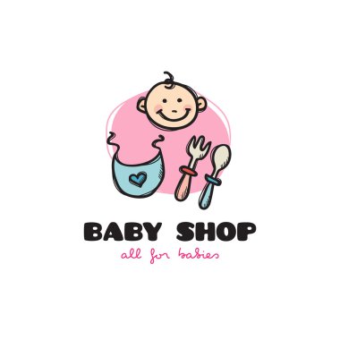 Vektör komik karikatür tarzı bebek dükkanı logosu. Kabataslak doodle bebek aksesuarları mağaza logosu