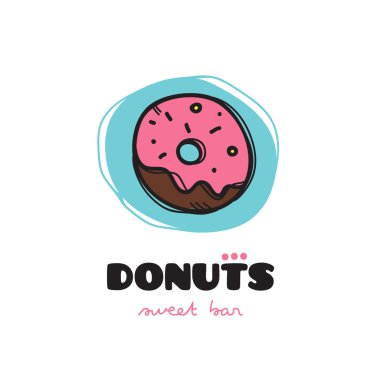 Vektör komik doodle tarzı donut logosu. Kabataslak kafe logosu