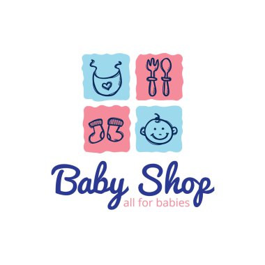 Vektör şirin bebek Dükkanı logo doodle tarzı. Çocuklar logo depolamak