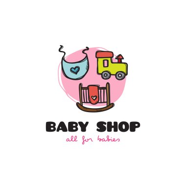 Vektör komik karikatür tarzı bebek dükkanı logosu. Kabataslak doodle bebek aksesuarları mağaza logosu