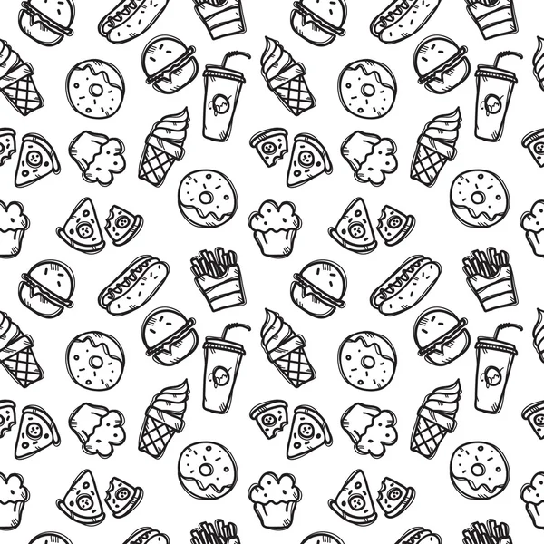 Patrón sin costura vectorial con objetos de comida rápida. Comida chatarra y dulces sin costuras en estilo doodle . — Archivo Imágenes Vectoriales