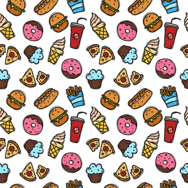 Vector seamless pattern with fastfood objects. Junk food and sweets background in doodle style.