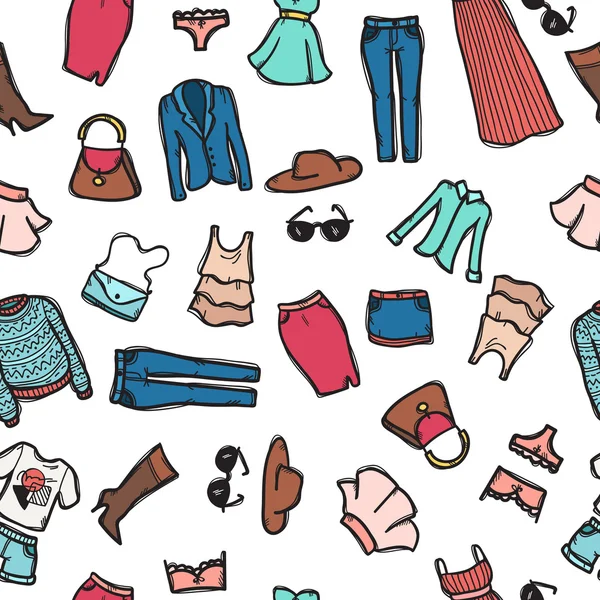 Padrão sem costura vetorial com objetos de moda feminina. Roupas e acessórios de fundo em estilo doodle . — Vetor de Stock