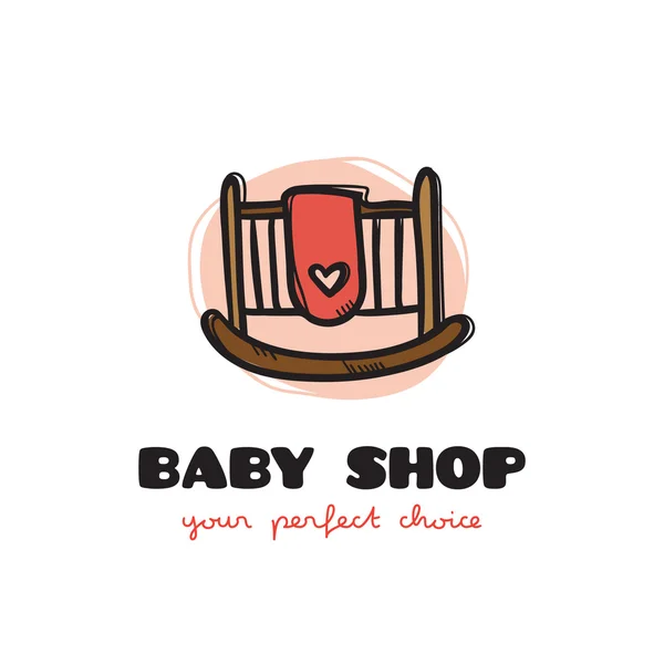 Vetor engraçado doodle estilo bebê cama logotipo. Logotipo de loja de bebê esboçado —  Vetores de Stock