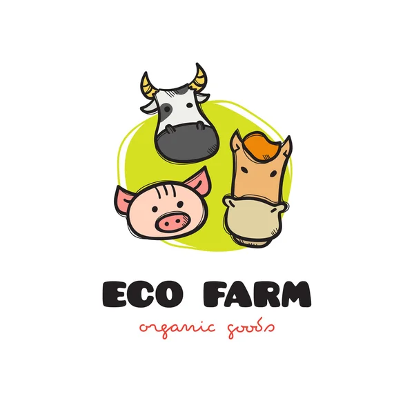 Vector divertido estilo de dibujos animados eco granja logotipo con cerdo, vaca y caballo. Logotipo de animales de granja garabatos incompletos — Archivo Imágenes Vectoriales