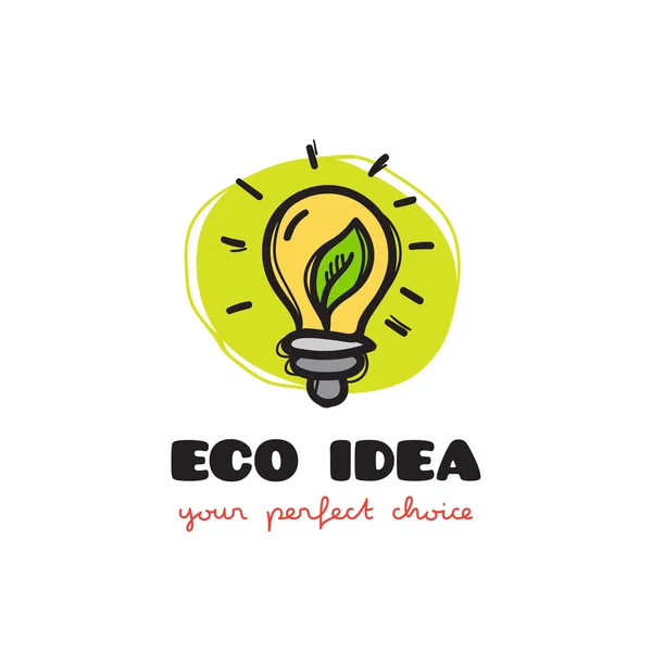 Vector divertido doodle estilo bombilla eco logo. Logotipo de la compañía ecológica Sketchy — Vector de stock