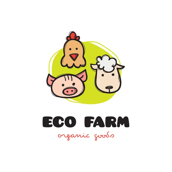 Vector divertido estilo de dibujos animados eco logotipo de la granja con cerdo, gallina y oveja. Logotipo de animales de granja garabatos incompletos — Vector de stock