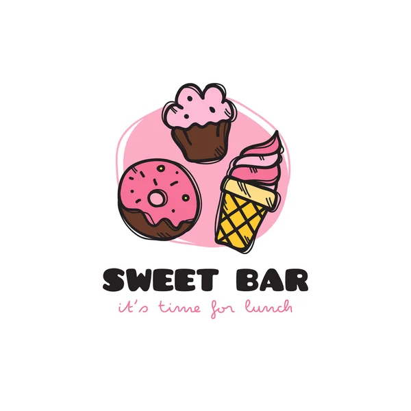 カップケーキ、アイスクリーム、ドーナツとベクトル面白い漫画スタイルのお菓子バーのロゴ。スケッチ落書きカフェロゴ — ストックベクタ