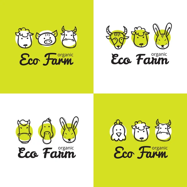 Conjunto vectorial de lindos logotipos eco granja en estilo doodle. Logotipos de animales de granja incompletos — Vector de stock