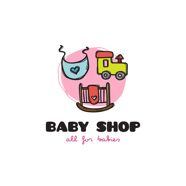 Wektor zabawny styl kreskówki Baby Shop logo. Szkicowy Doodle Baby akcesoria sklep logo — Wektor stockowy