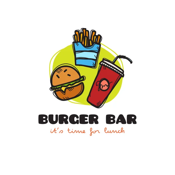 Vector grappige cartoon stijl snack bar logo met Hamburger, frietjes en soda. Schetsmatig doodle café logo — Stockvector