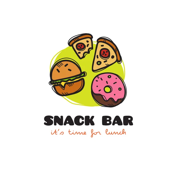 Vector funny cartoon style snack bar logo with burger, pizza and donut. Sketchy doodle cafe logo — Stock Vector