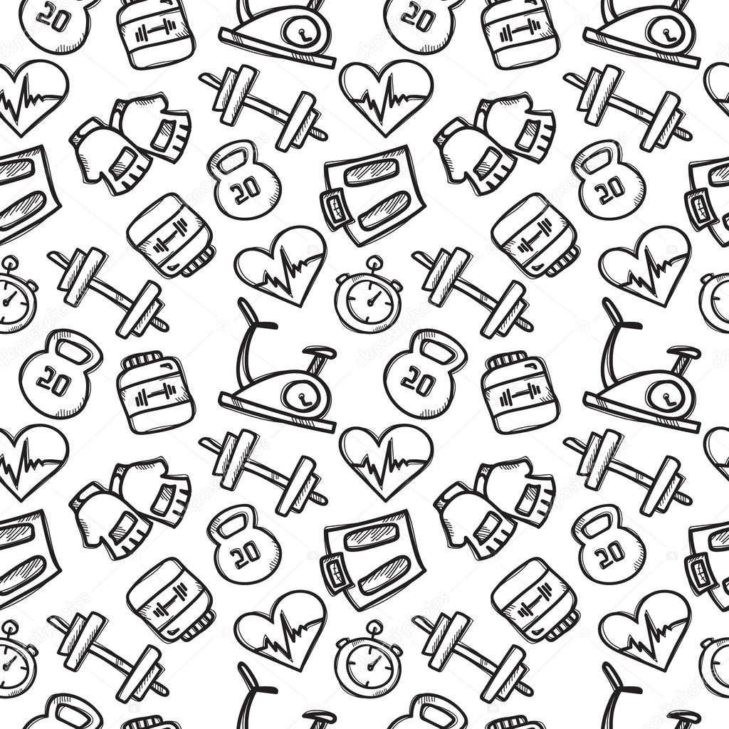 Vector seamless pattern with sport objects. Fitness accessories seamless  background in doodle style. Stock Illustration by ©Stacy_T #113322556