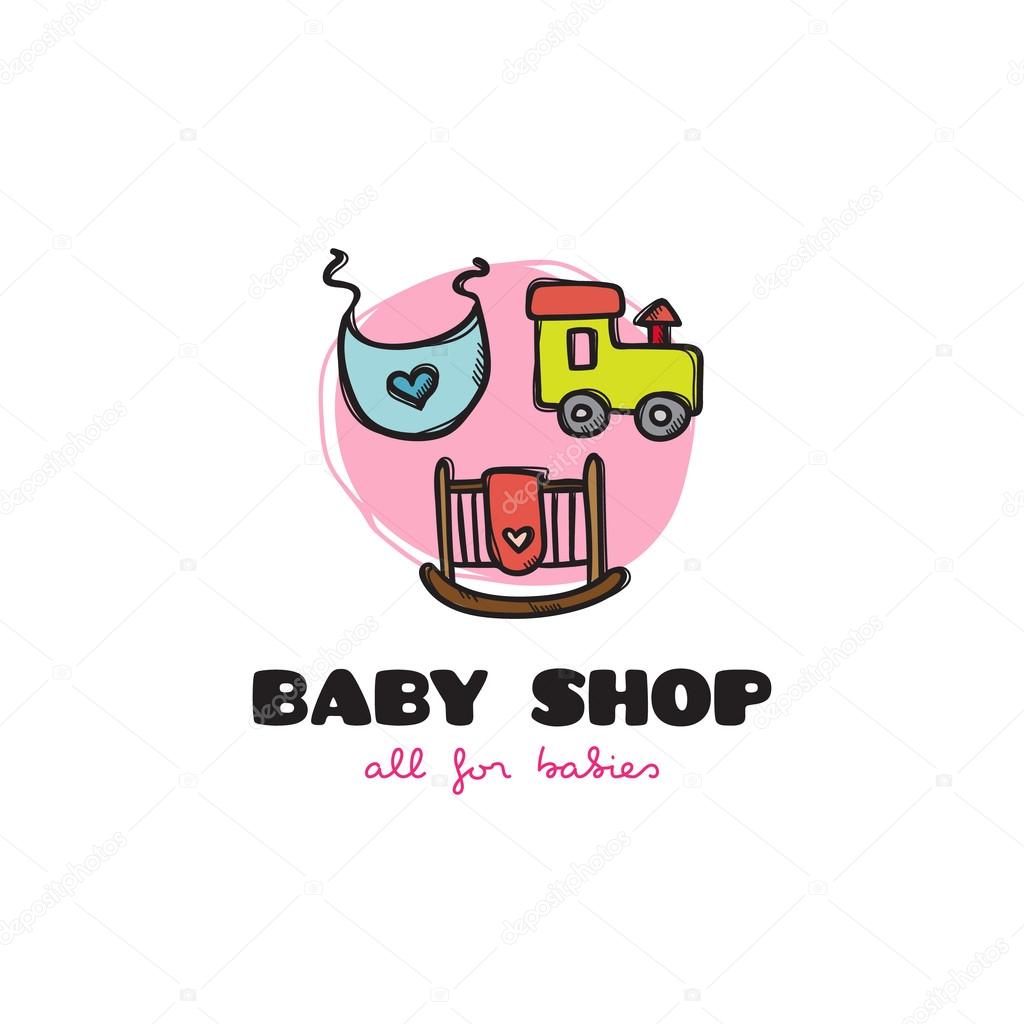 Vector funny cartoon style baby shop logo. Sketchy doodle baby accessories store logo