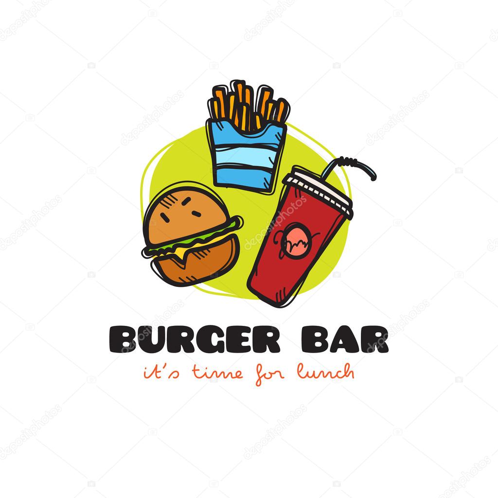 Vector funny cartoon style snack bar logo with burger, fries and soda. Sketchy doodle cafe logo Stock Vector Image by ©Stacy_T #113324628 Vector funny cartoon style snack bar logo with burger, fries and soda. Sketchy doodle cafe logo Stock Vector Image by ©Stacy_T #113324628
