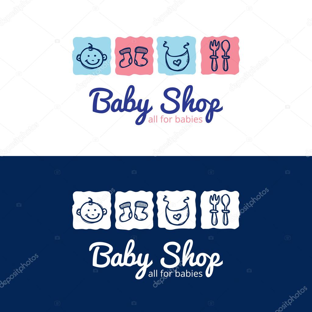 Vector cute baby shop logo in doodle style. Kids store logotype