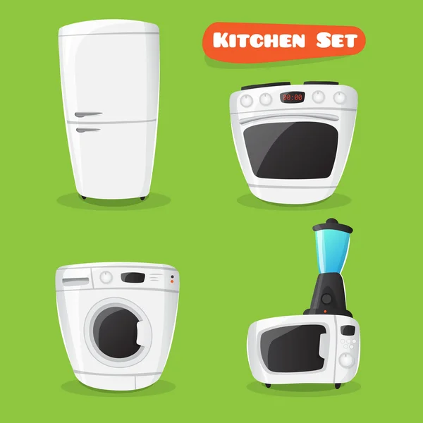 Vektorové kolekce kuchyňská zařízení. Lednice, sporák, mikrovlnná trouba, pračka a směšovače ikony ve stylu kreslených — Stockový vektor