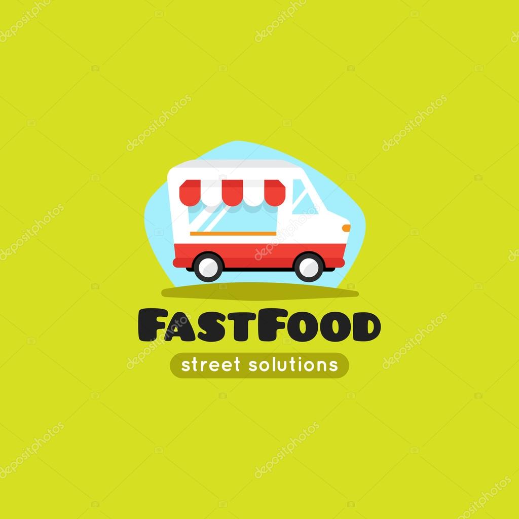 Vector cartoon fast food truck logo. Street cafe cute symbol.