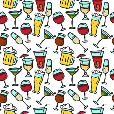 Vektör doodle içecekler seamless modeli. İçecekler parlak arka plan.