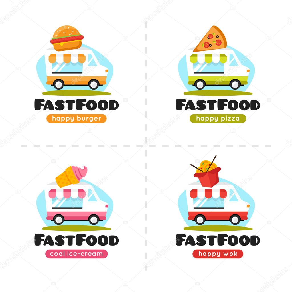Vector cartoon fast food truck logo collection. Pizza, burger, ice cream and wok street cafe.