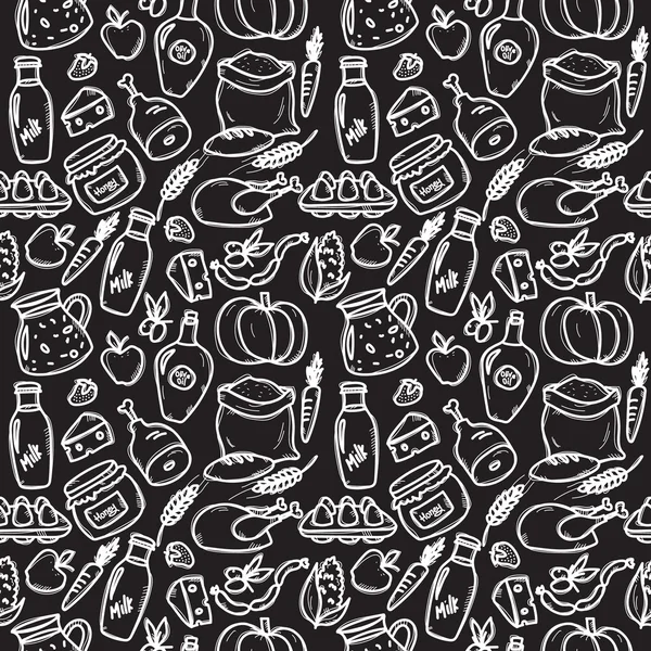 Modèle sans couture de tableau noir de style doodle d'aliments biologiques vectoriels . — Image vectorielle