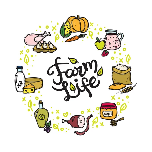 Vector boerderij voedsel doodle cirkelframe met hand geletterden inscriptie — Stockvector
