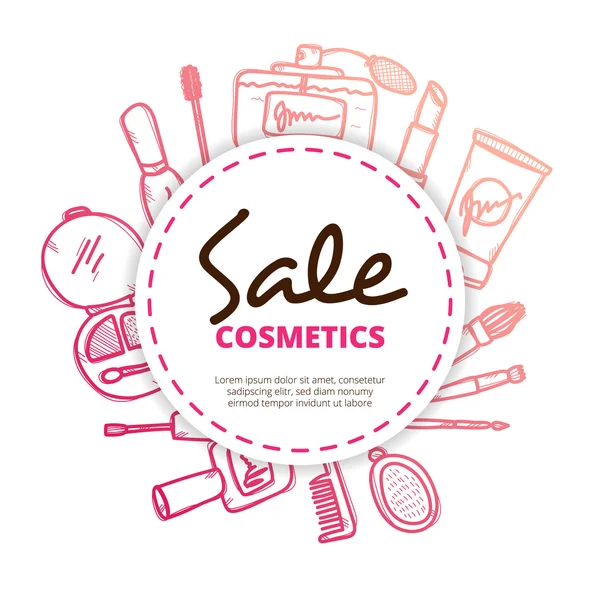 Concepto de diseño de cosméticos y accesorios de belleza en estilo doodle . — Vector de stock