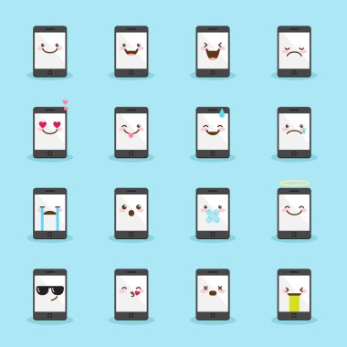 Vektör akıllı telefon emoji ayarlayın. Komik emoticons.