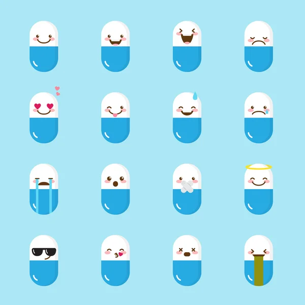 Vector medicine pill emoji set. Funny emoticons. — Stock Vector