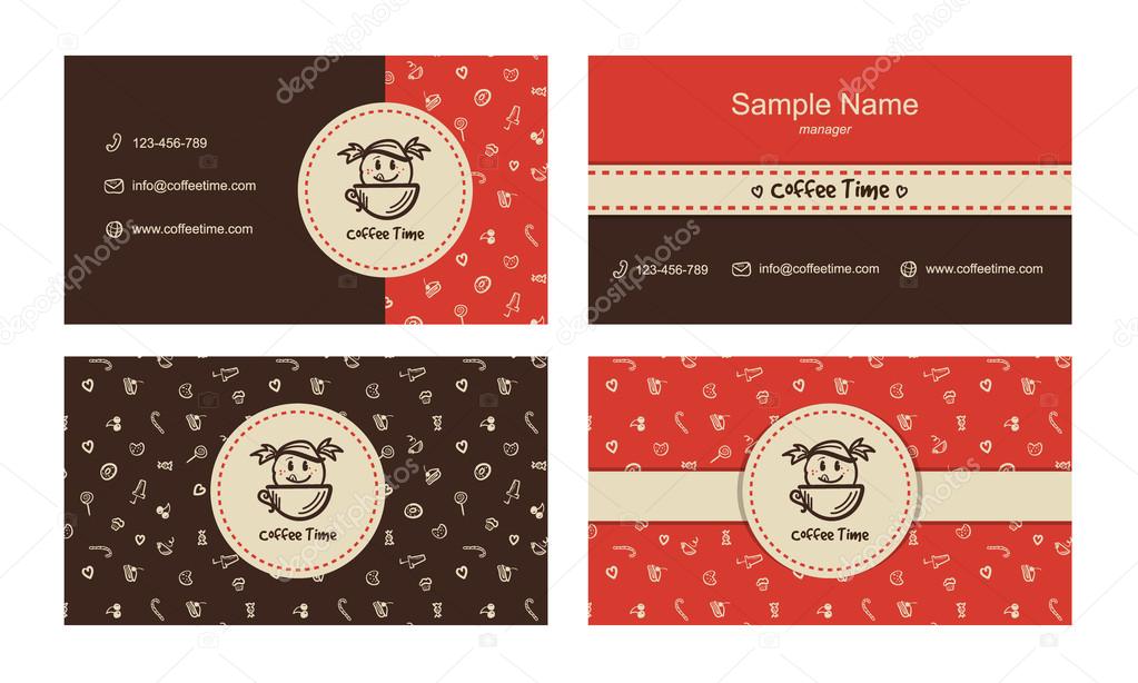 Vector bakery business cards template with logo and sweets icons pattern