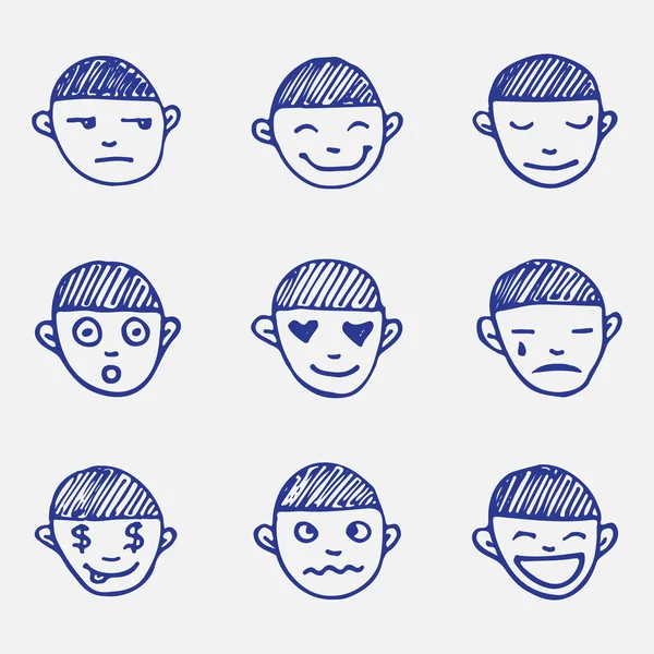 Ręka wektor doodle zestaw emotikonów. chłopcy głowy emocje szkic — Wektor stockowy