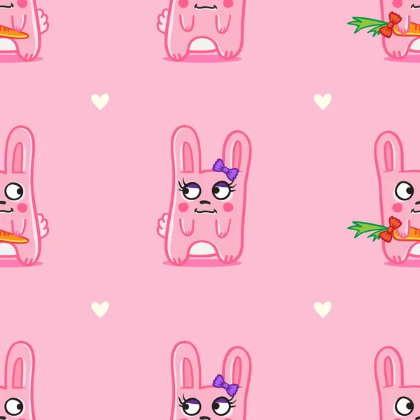 Vector funny cartoon bunnies St Valentine Day seamless pattern over pink background — Stock Vector