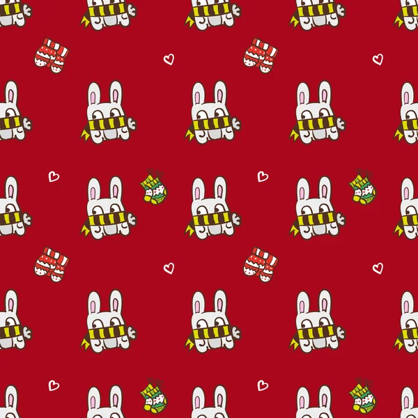 Vector hand getrokken Kerstmis of Nieuwjaar naadloze patroon. Winter achtergrond met konijnen en sokken — Stockvector