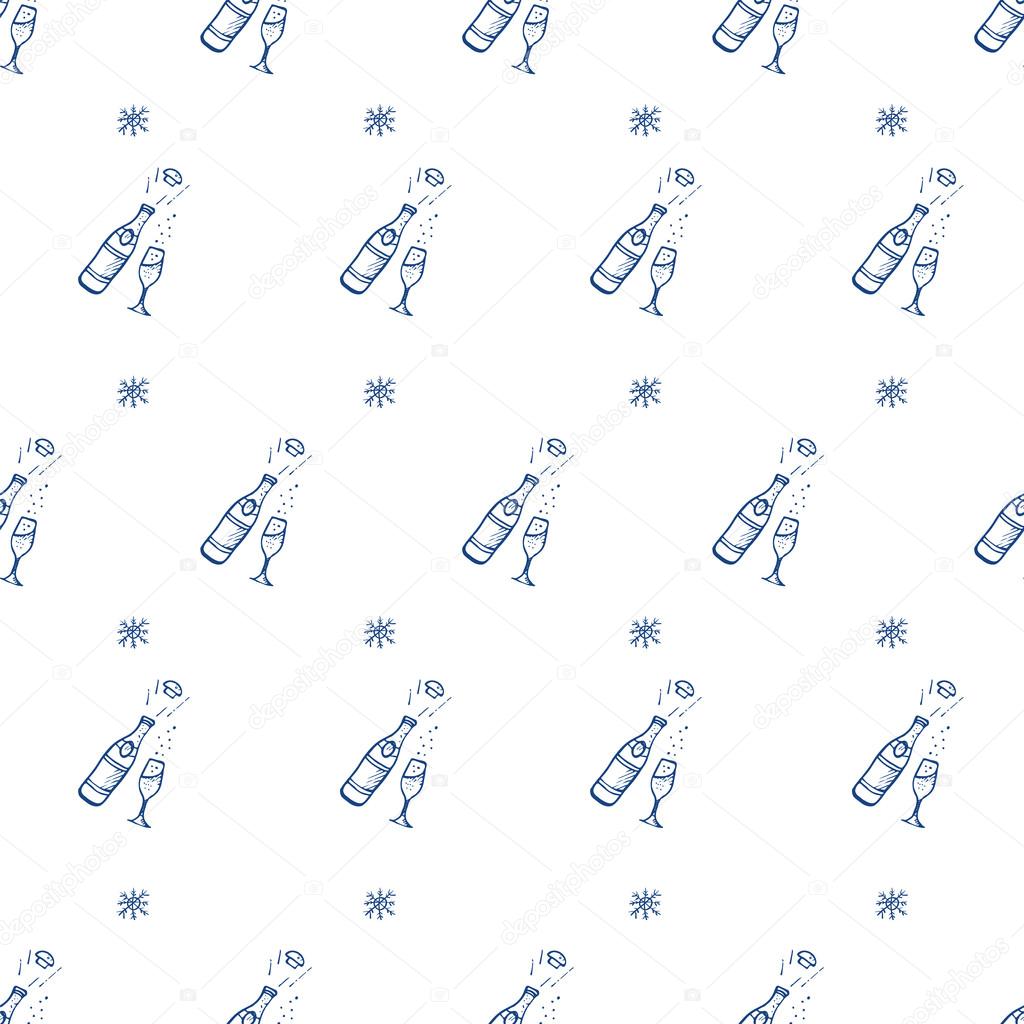 Vector hand drawn champagne bottle seamless pattern