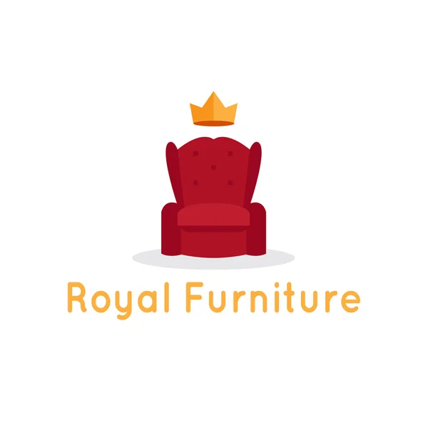 Vector moderno logotipo de la tienda de muebles planos. Sillón rojo con corona — Vector de stock