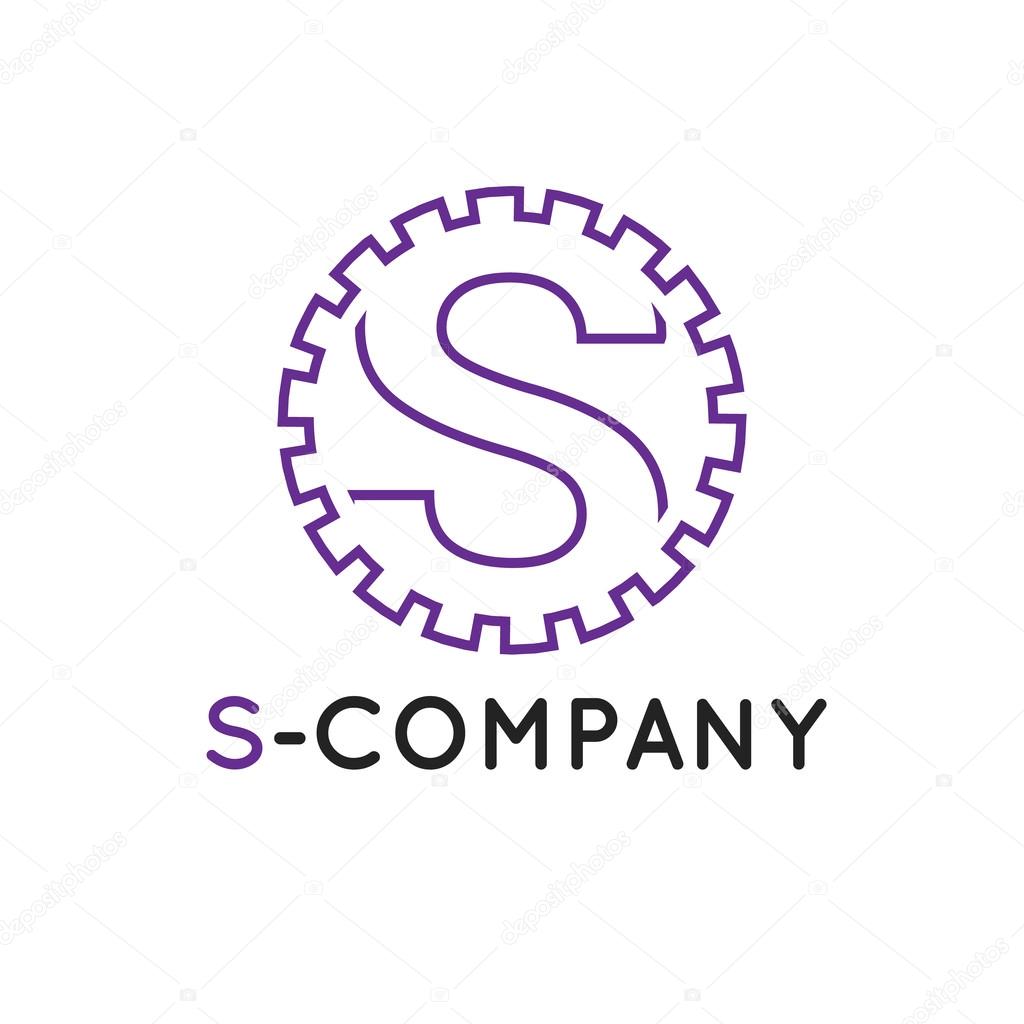 Vector minimalistic outline violet S letter logotype. Cogwheel logo
