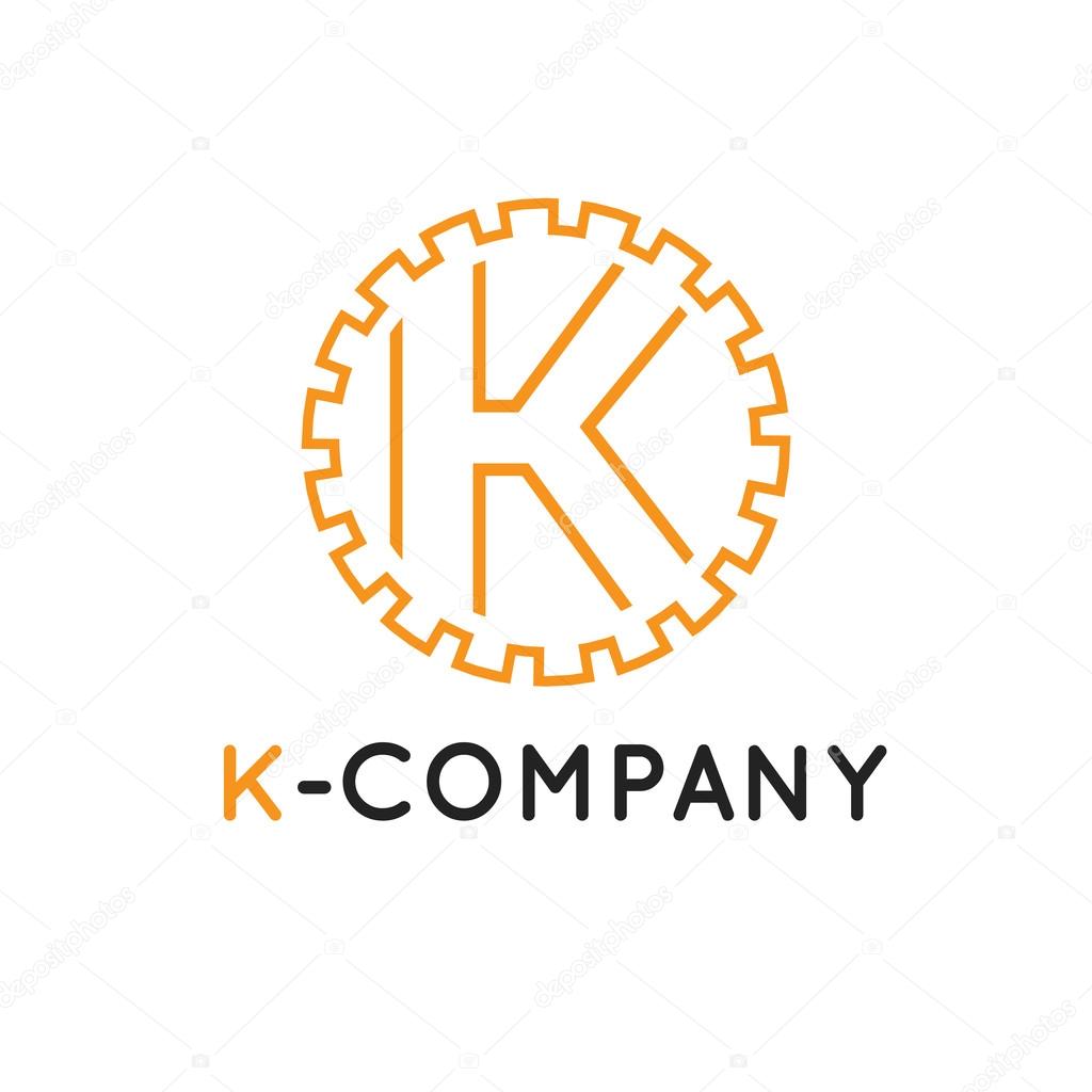 Vector modern minimalistic outline orange K letter logotype. Cogwheel logo