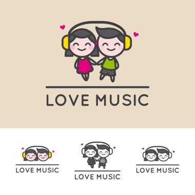 Vektör minimalist kız ve erkek Kulaklığımda çizgi kahramanlar. Müzik dükkanı veya karaoke bar logo.