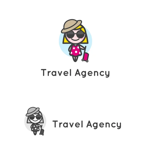 Vector minimalistic young girl in sunglasses with luggage character. Travel agency logotype. — Stock Vector