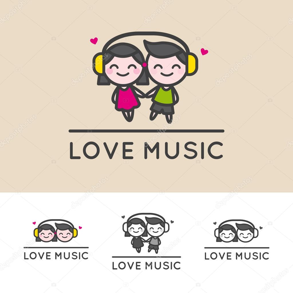 Vector minimalistic girl and boy in headphones cartoon characters. Music shop or karaoke bar logotype.