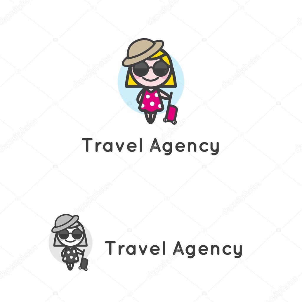 Vector minimalistic young girl in sunglasses with luggage character. Travel agency logotype.