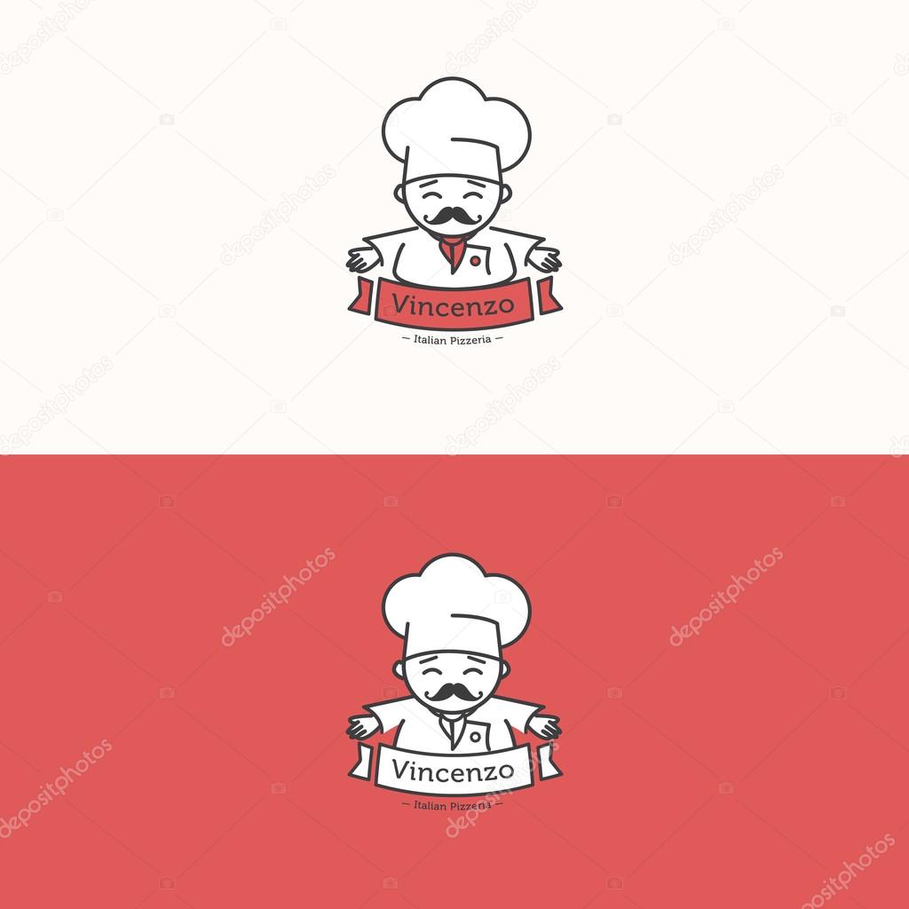 Vector funny Italian chef head mascot logotype. Pizzeria logo set