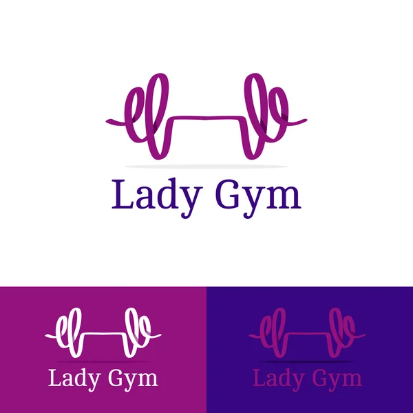 Vector ribbon dumb-bell lady gym logotype. Modern logo in overlapping technique — Stock Vector