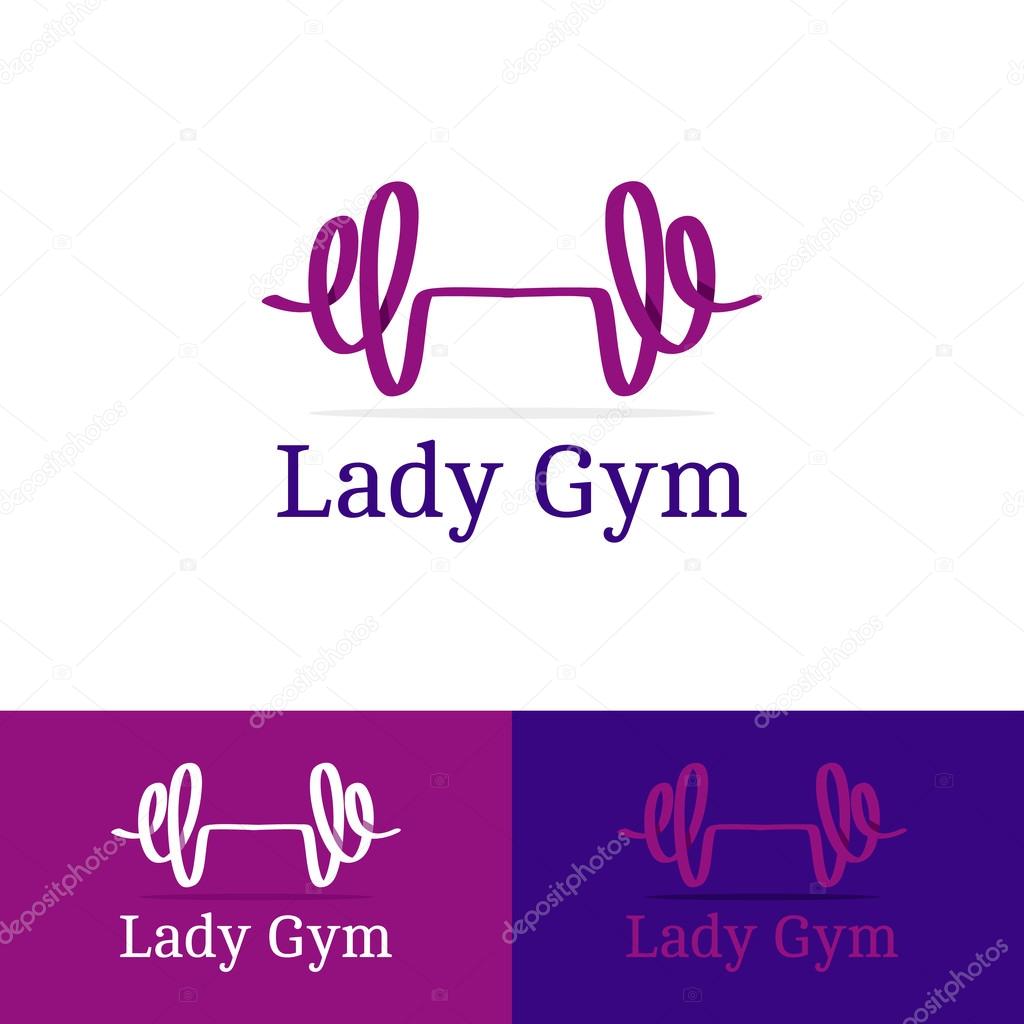 Vector trendy ribbon dumb-bell lady gym logotype. Modern logo in overlapping technique