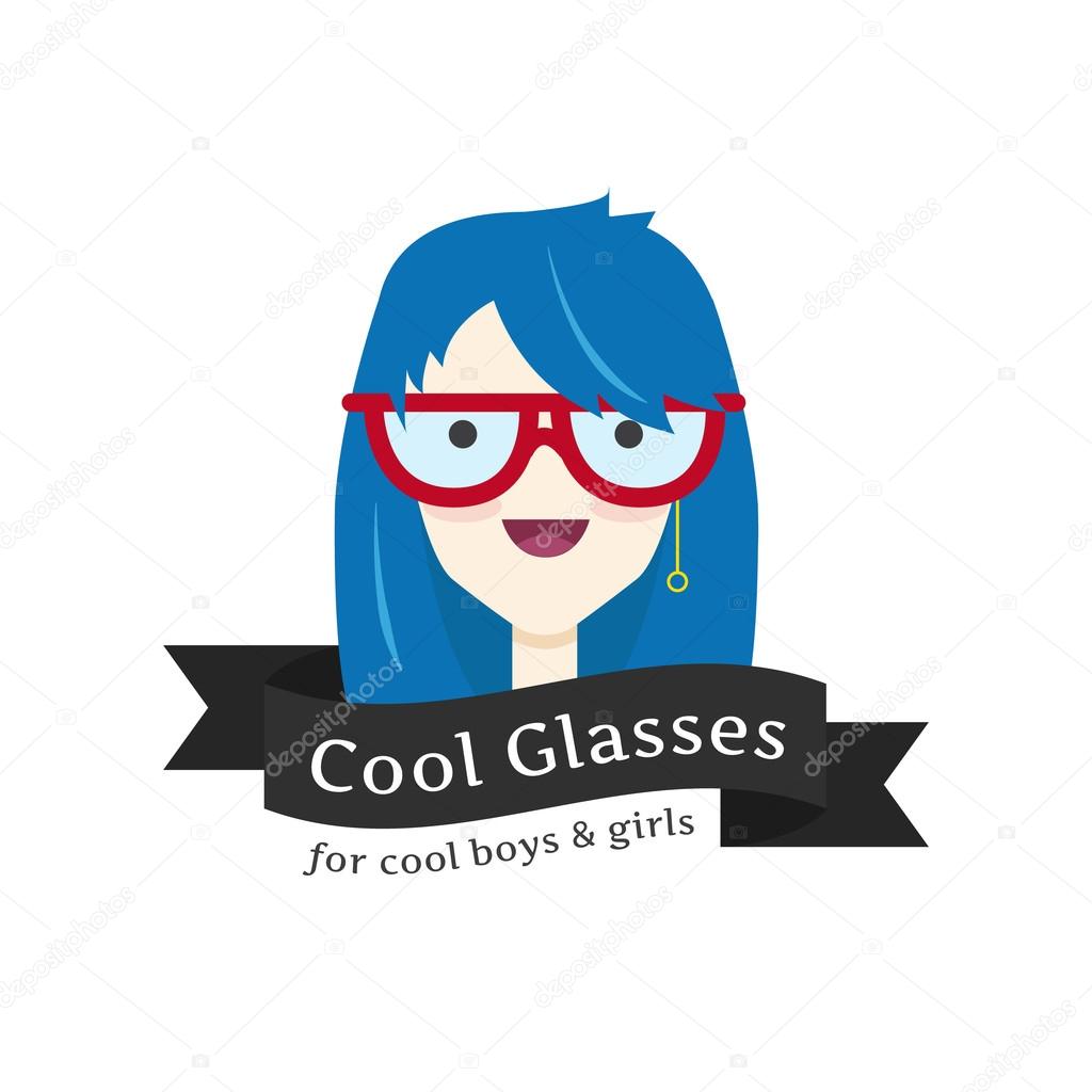 Vector funny girl in glasses logo. Glasses store logotype.