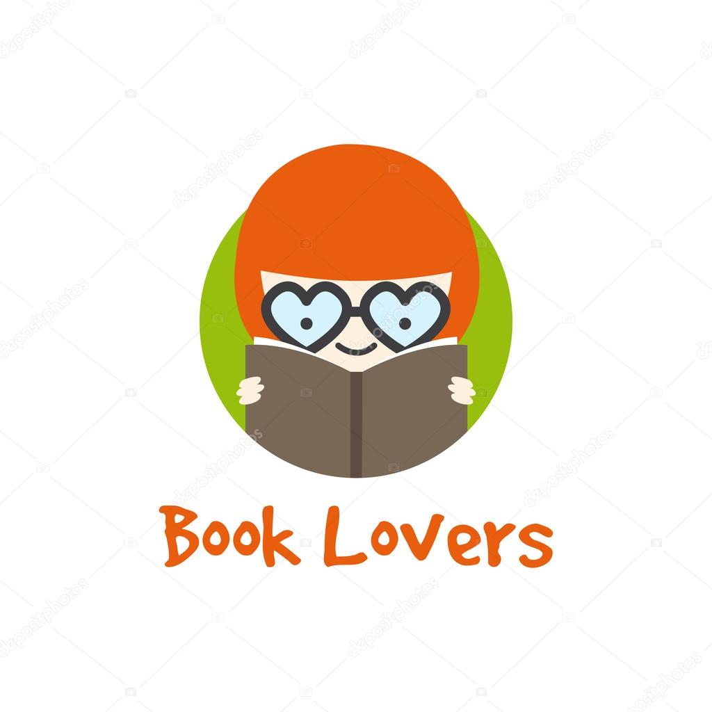 Vector funny girl in glasses logotype. Book store logo.