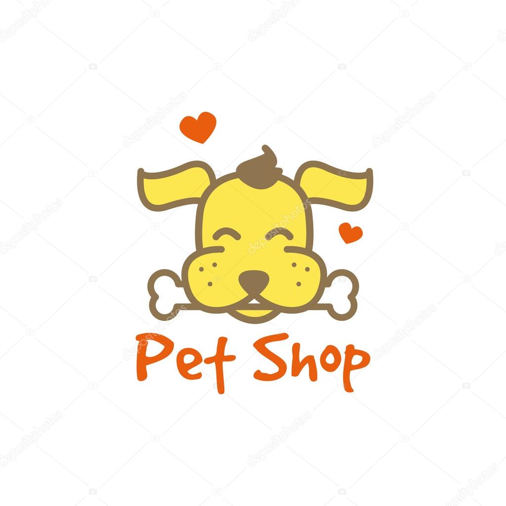 Vector funny cartoon yellow dog with bone logotype. Pet shop logo