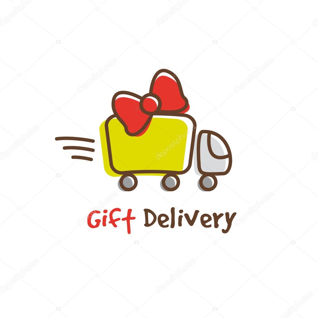 Vector cartoon gifts express delivery logotype. Truck logo.