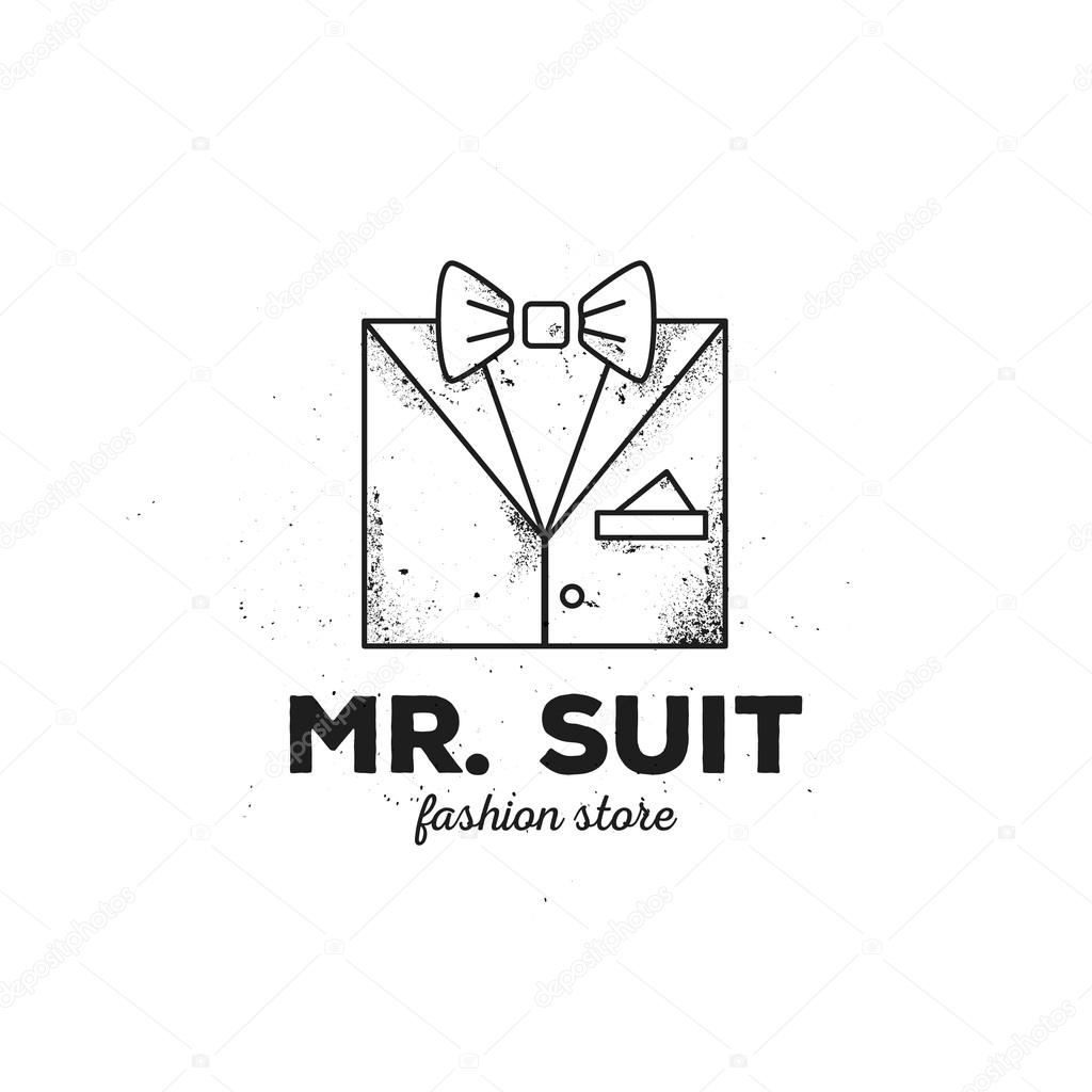 Vector outline man suit logo with old style grunge effect. Hipster clothes logotype.